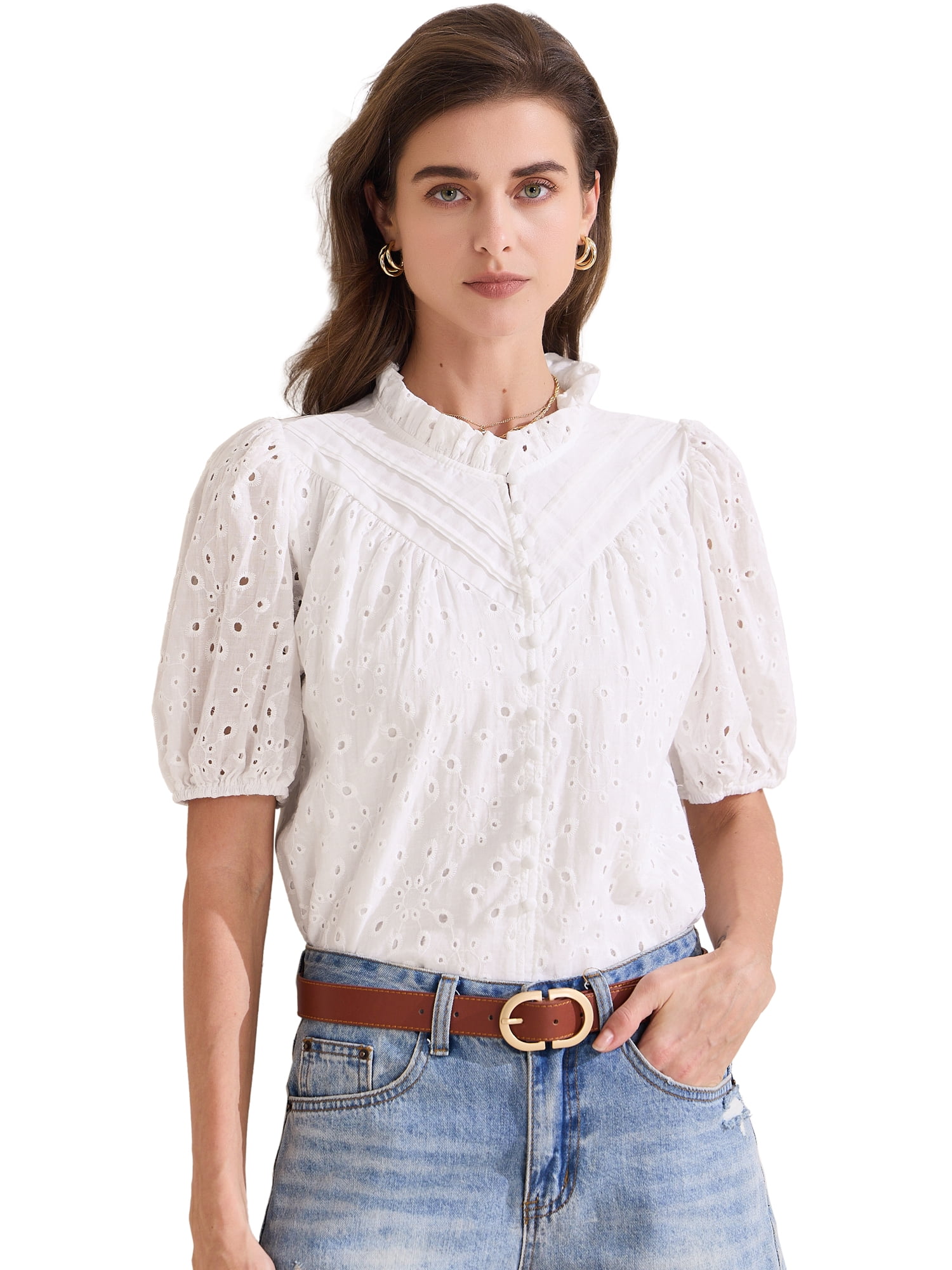 DARING DIVA Women's Crochet Hollow Out Ruffle Neck Peasant Blouse M White