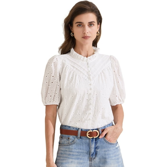 DARING DIVA Women's Crochet Hollow Out Ruffle Neck Peasant Blouse M White