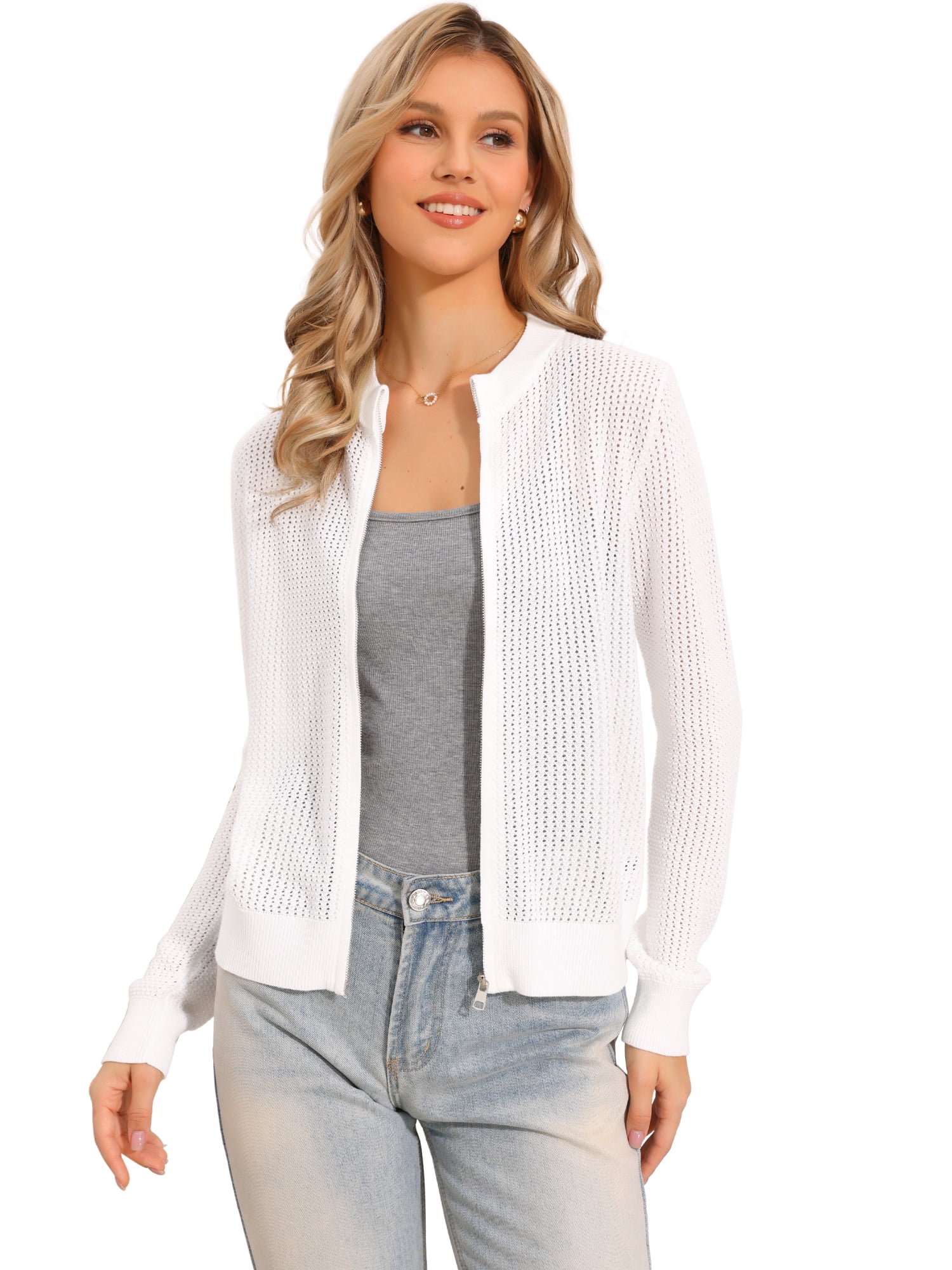 DARING DIVA Women's Crochet Lightweight Long Sleeve Zip Up Knit Sweaters XL White