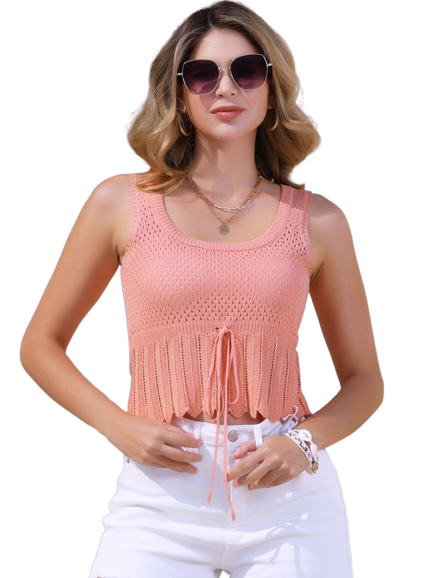 DARING DIVA Women's Crochet Sleeveless Tie Front Cropped Top L Pink