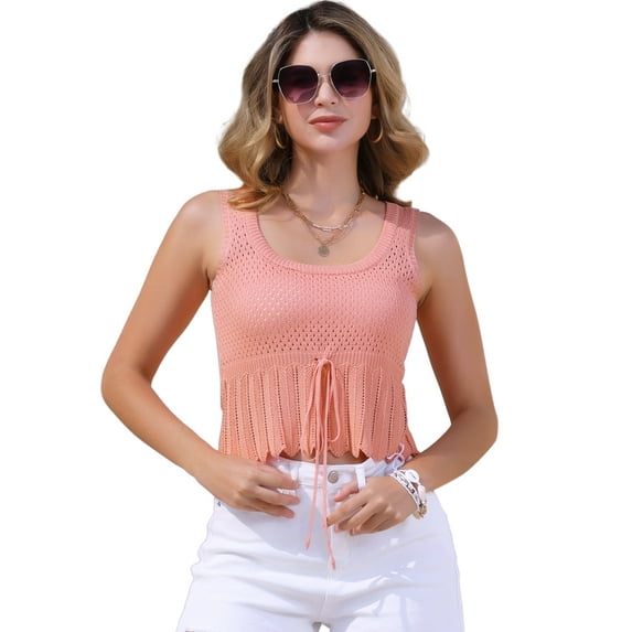 DARING DIVA Women's Crochet Sleeveless Tie Front Cropped Top S Pink