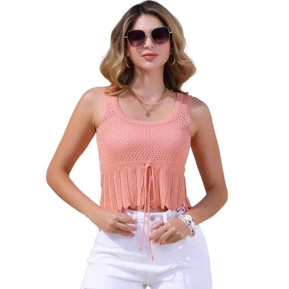 DARING DIVA Women's Crochet Sleeveless Tie Front Cropped Top XL Pink