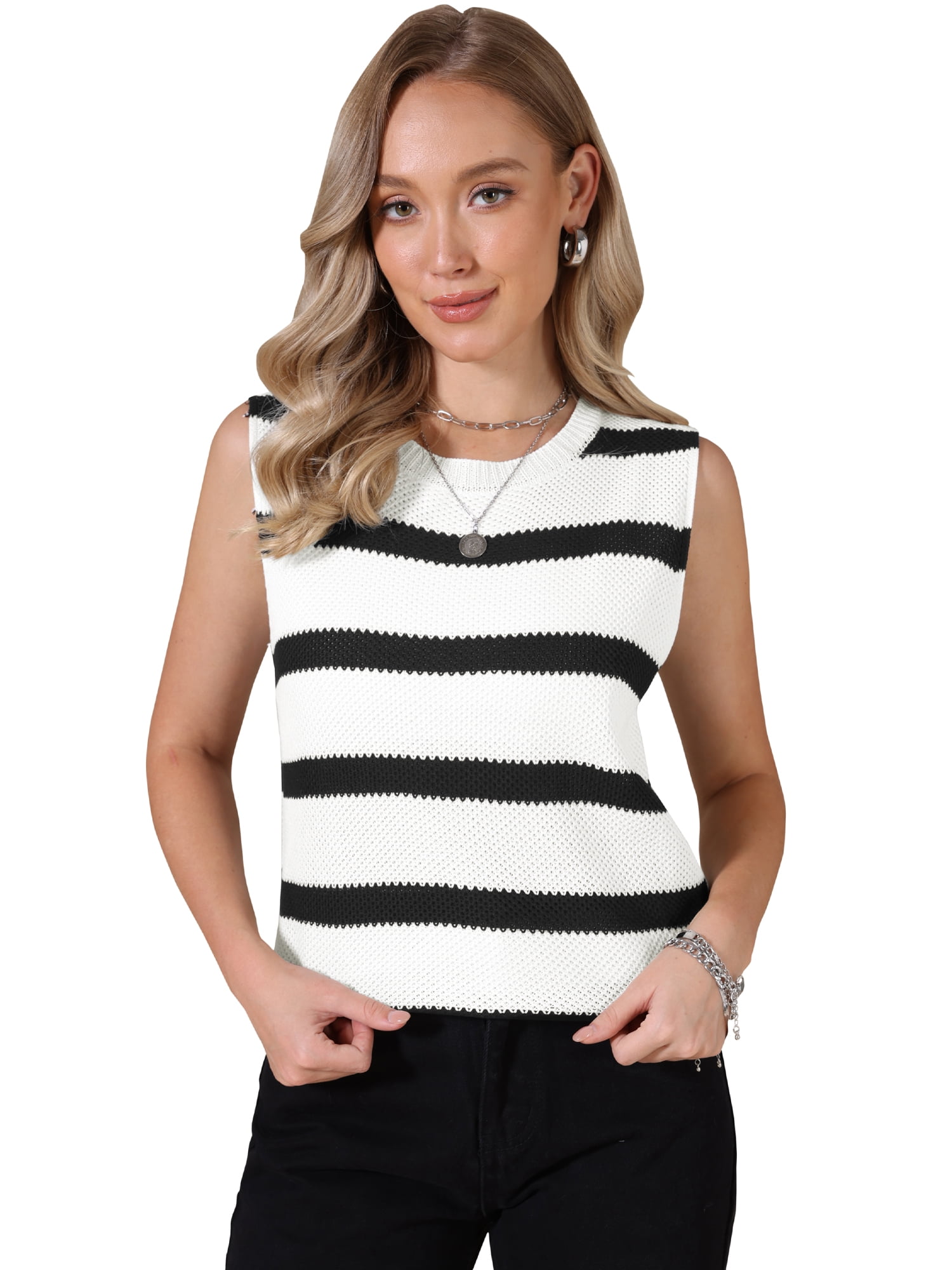 DARING DIVA Women's Crochet Tank Top Stripe Sleeveless Hollow Out Vest M Black White