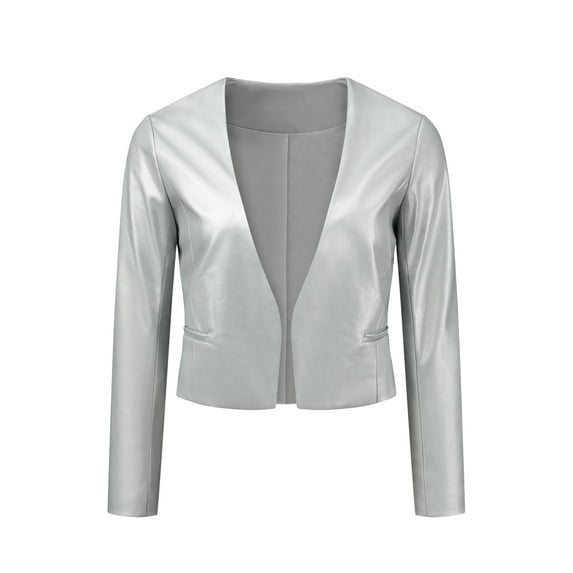 DARING DIVA Women's Crop Collarless PU Moto Biker Jackets S Silver