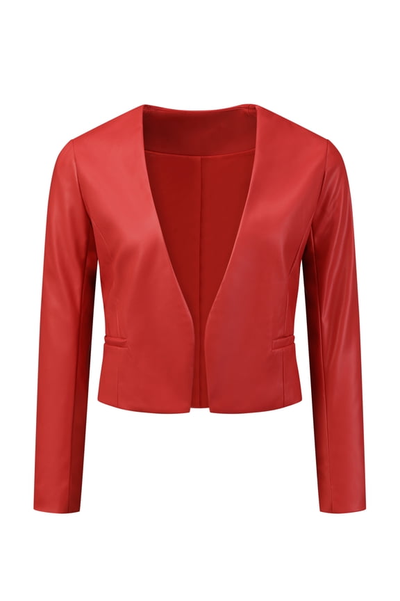 Women's Crop Collarless PU Moto Biker Jackets XS Red