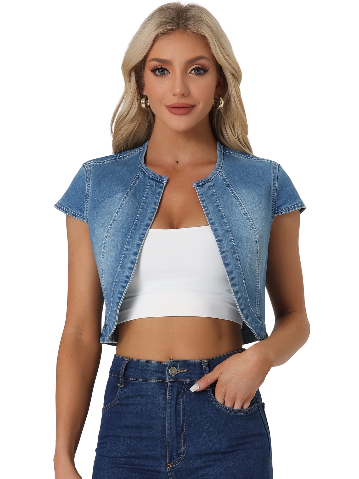 DARING DIVA Women's Crop Denim Cardigan Cap Sleeve Jean Jacket L Blue