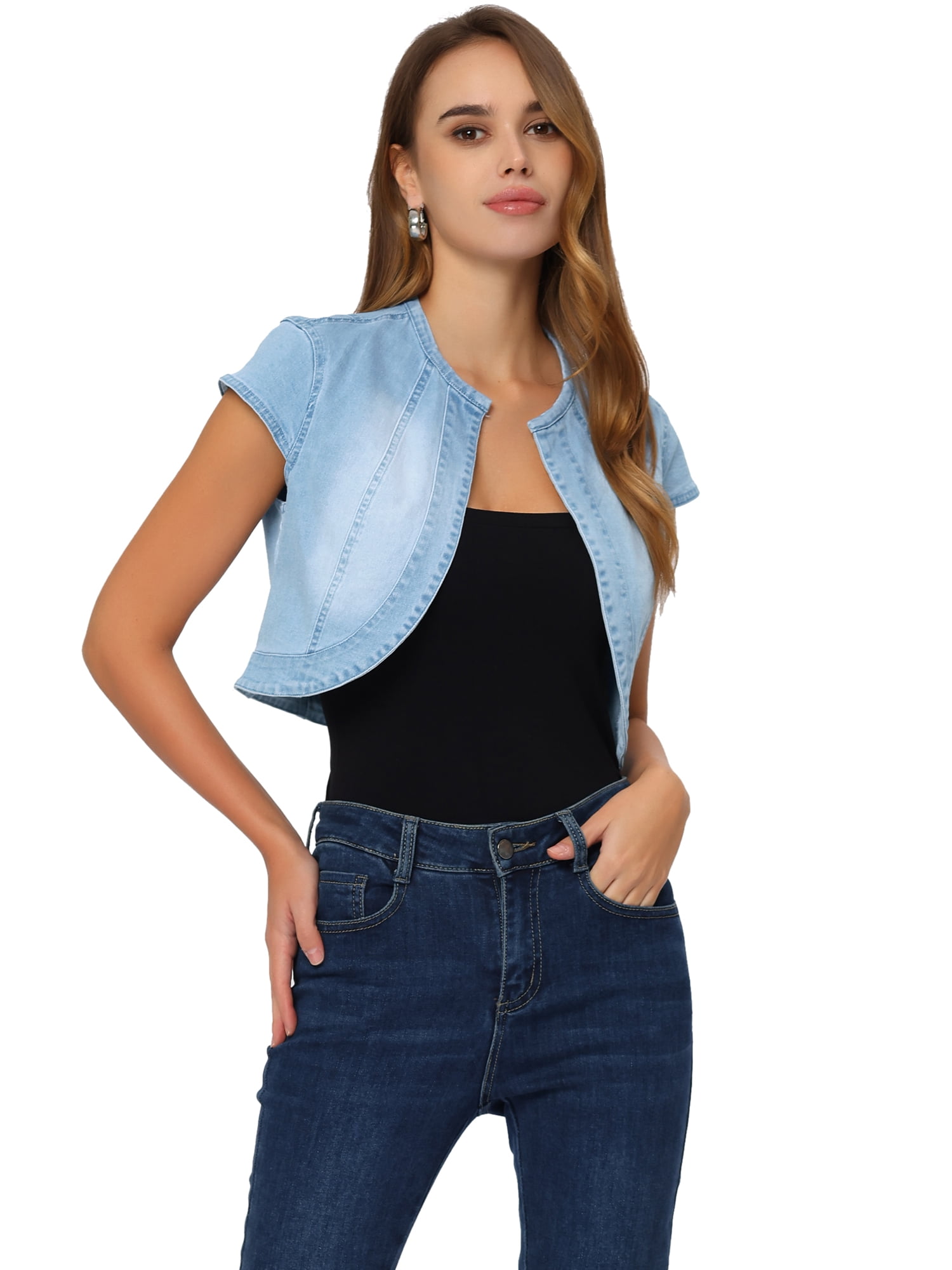 DARING DIVA Women's Crop Denim Cardigan Cap Sleeve Jean Jacket L Light Blue