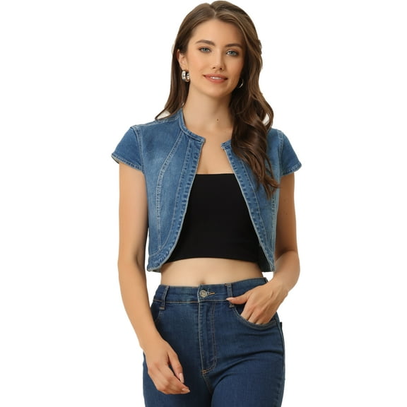 DARING DIVA Women's Crop Denim Cardigan Cap Sleeve Jean Jacket L Medium Blue