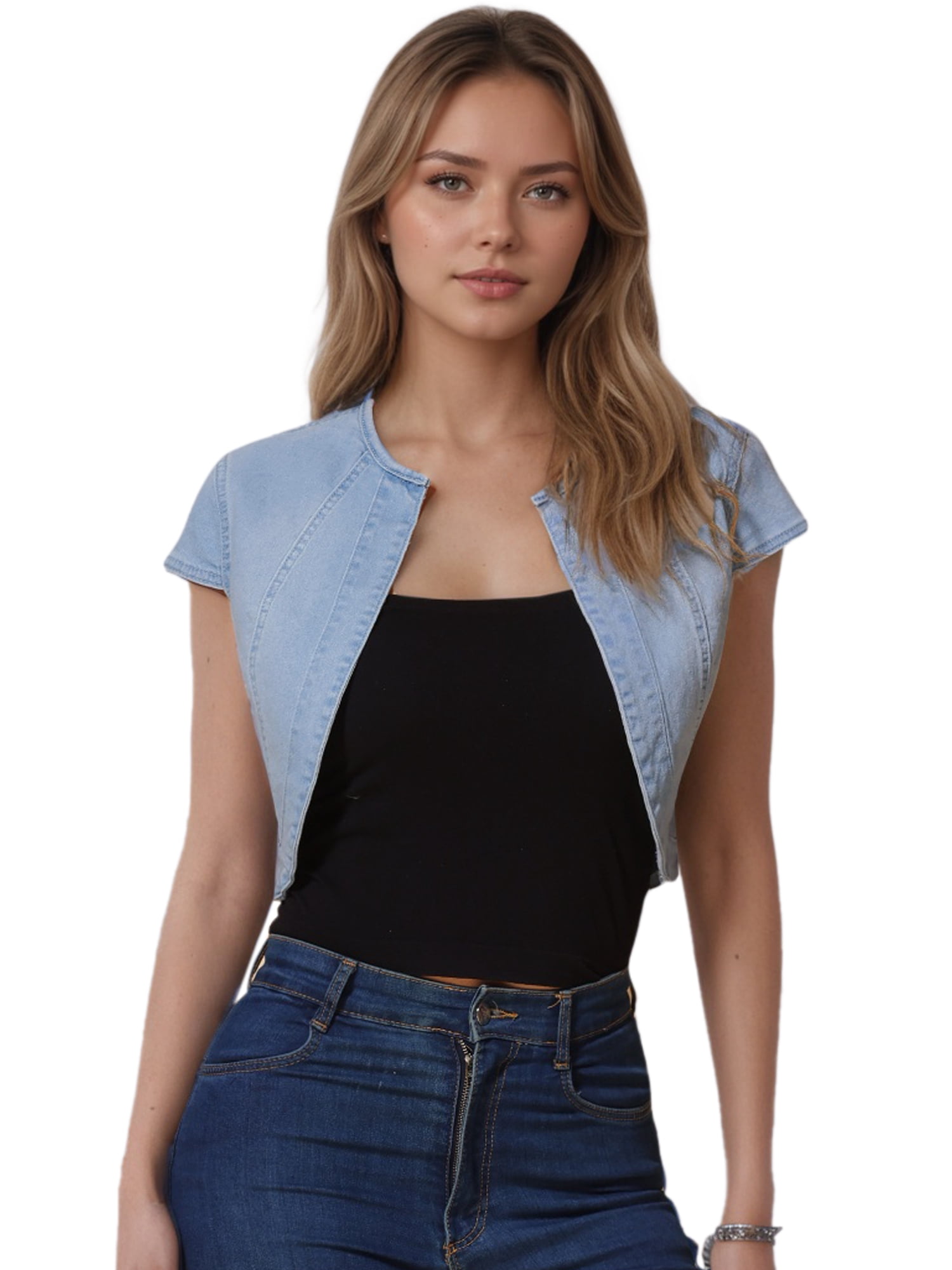 DARING DIVA Women's Crop Denim Cardigan Cap Sleeve Jean Jacket L Sky Blue