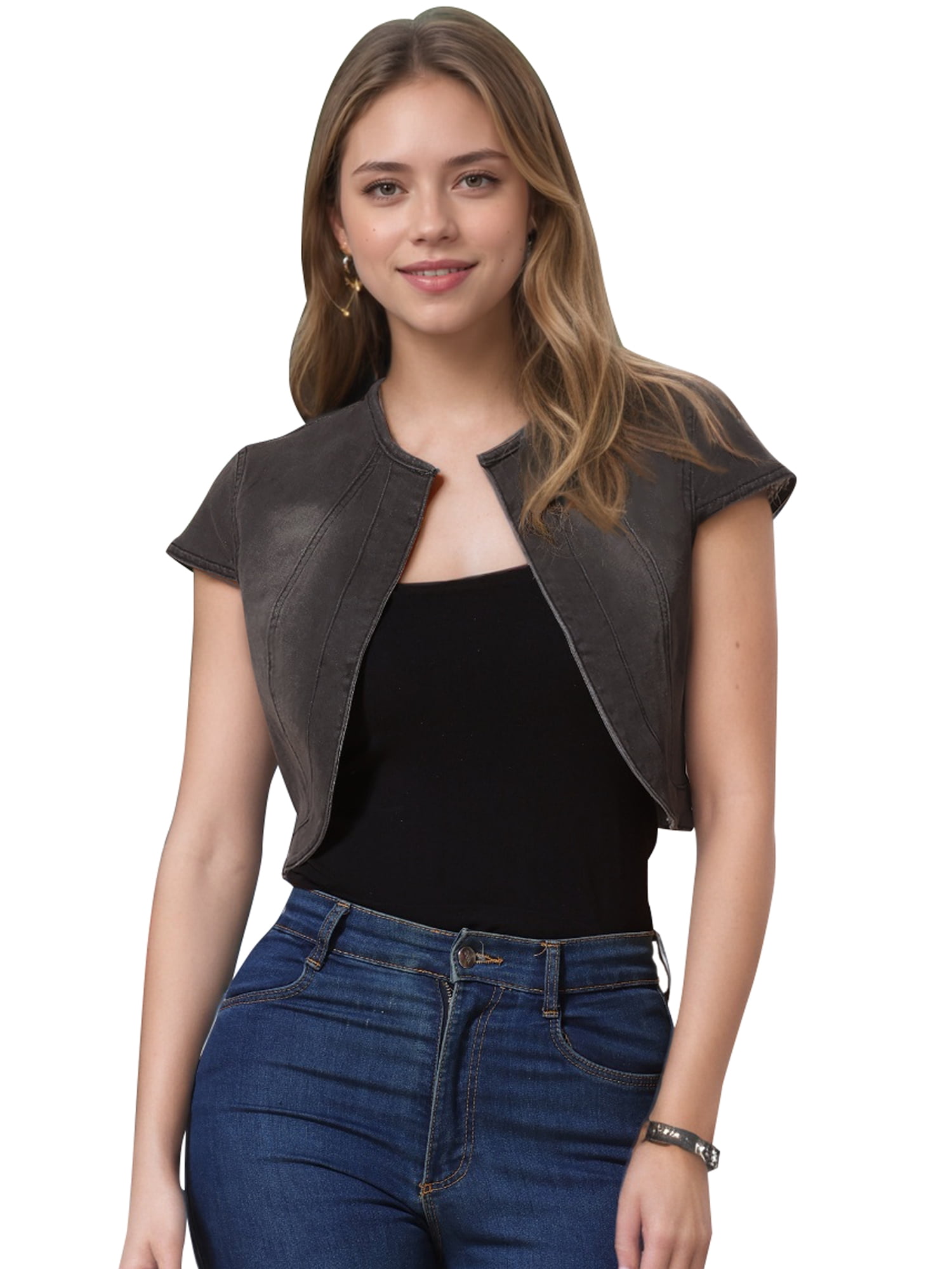 DARING DIVA Women's Crop Denim Cardigan Cap Sleeve Jean Jacket M Black Gray