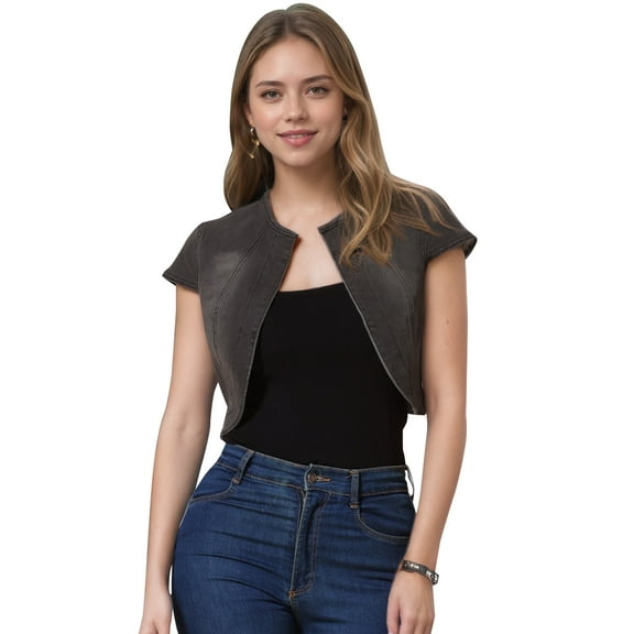 DARING DIVA Women's Crop Denim Cardigan Cap Sleeve Jean Jacket M Black Gray