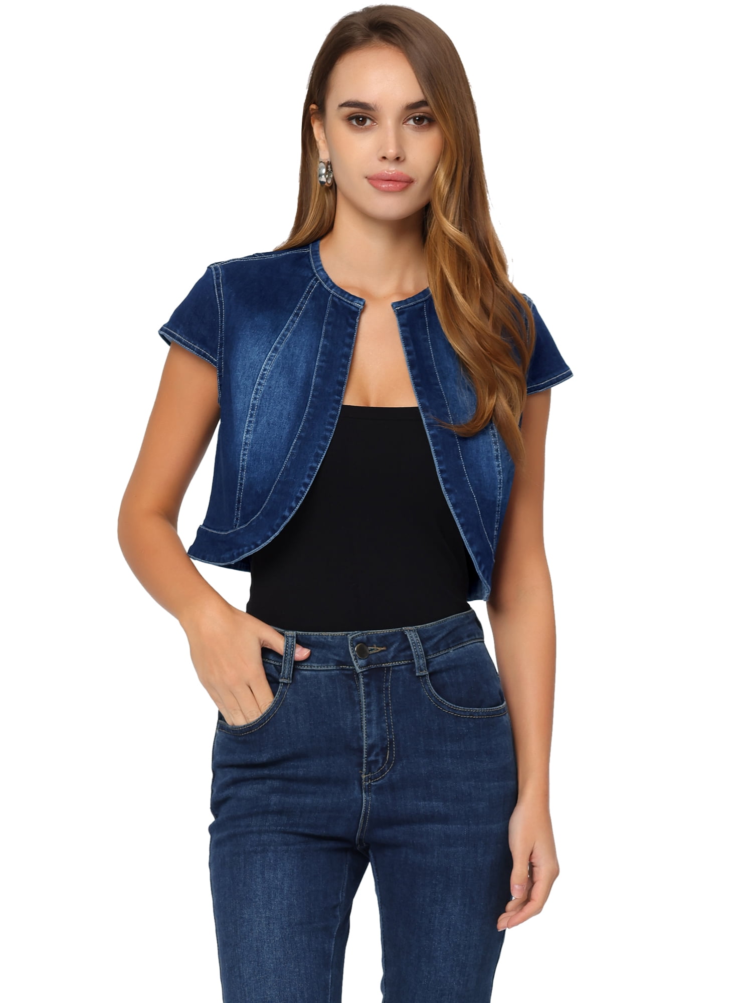 DARING DIVA Women's Crop Denim Cardigan Cap Sleeve Jean Jacket M Drak Blue