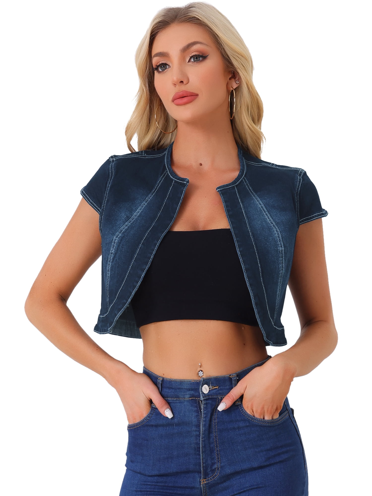 DARING DIVA Women's Crop Denim Cardigan Cap Sleeve Jean Jacket S Black Blue