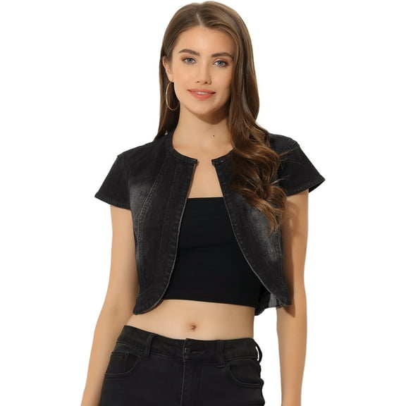 DARING DIVA Women's Crop Denim Cardigan Cap Sleeve Jean Jacket S Black