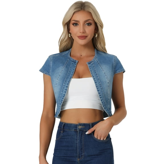 DARING DIVA Women's Crop Denim Cardigan Cap Sleeve Jean Jacket S Blue