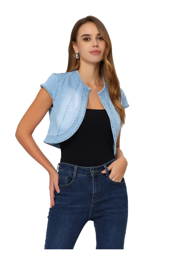 Women's Crop Denim Cardigan Cap Sleeve Jean Jacket S Light Blue
