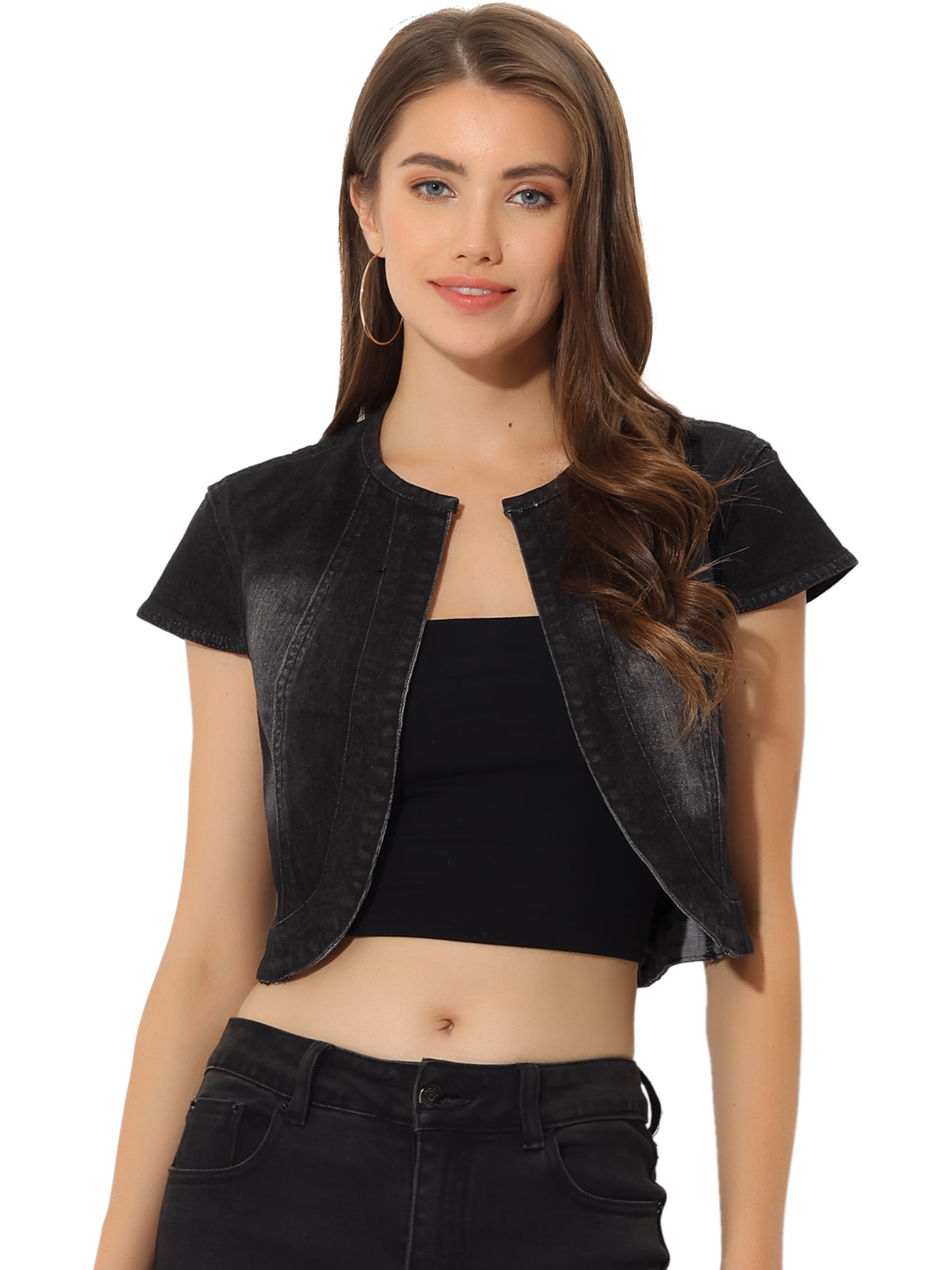 DARING DIVA Women's Crop Denim Cardigan Cap Sleeve Jean Jacket XS Black