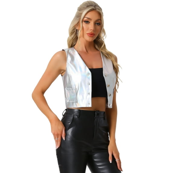DARING DIVA Women's Crop Jacket Sleeveless Holographic Metallic Vest L Silver