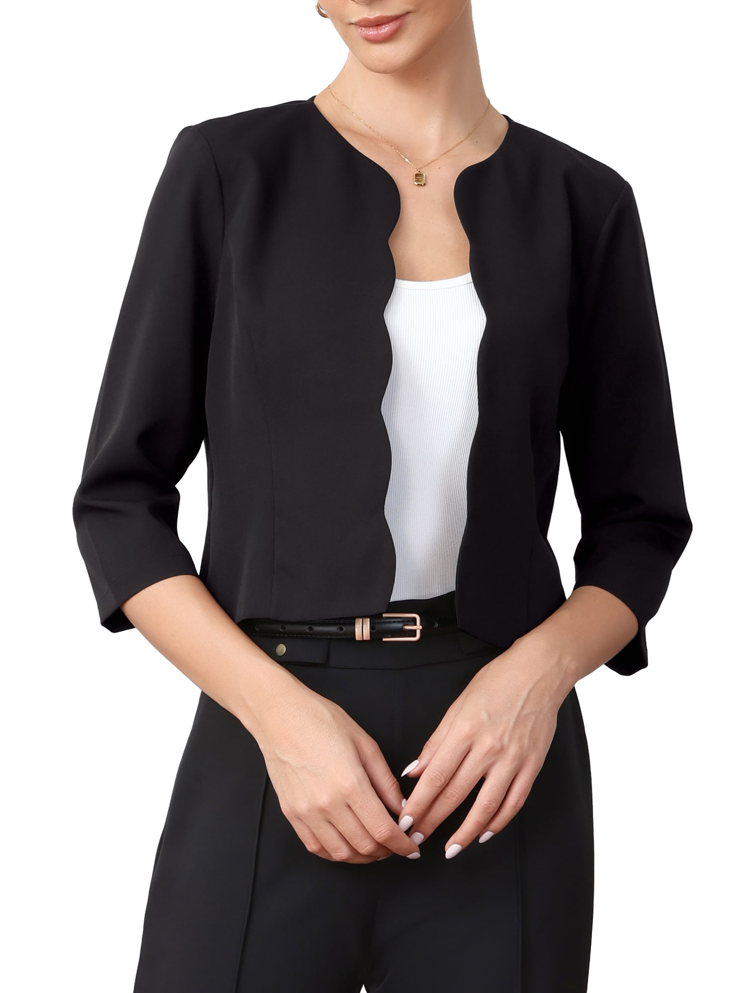 DARING DIVA Women's Crop Open Front 3/4 Sleeve Collarless Jacket L Black