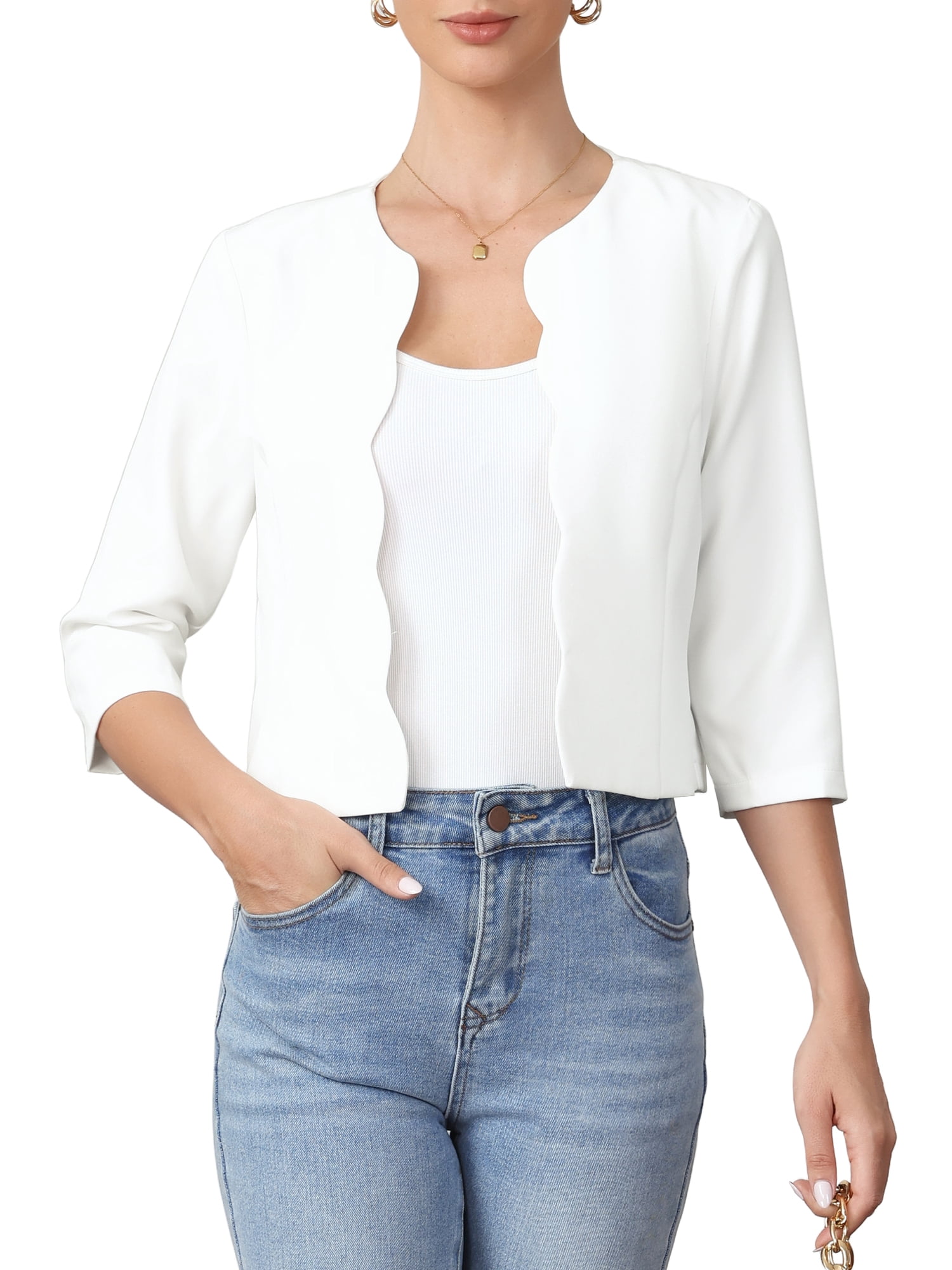 DARING DIVA Women's Crop Open Front 3/4 Sleeve Collarless Jacket XS White