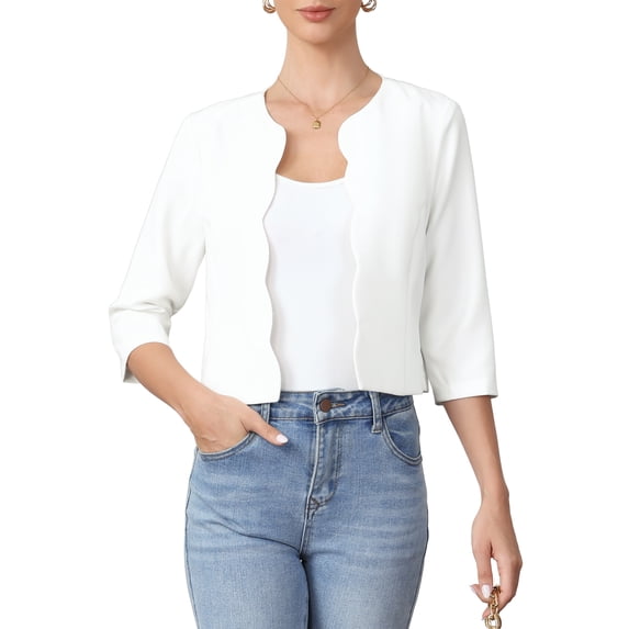 DARING DIVA Women's Crop Open Front 3/4 Sleeve Collarless Jacket XS White