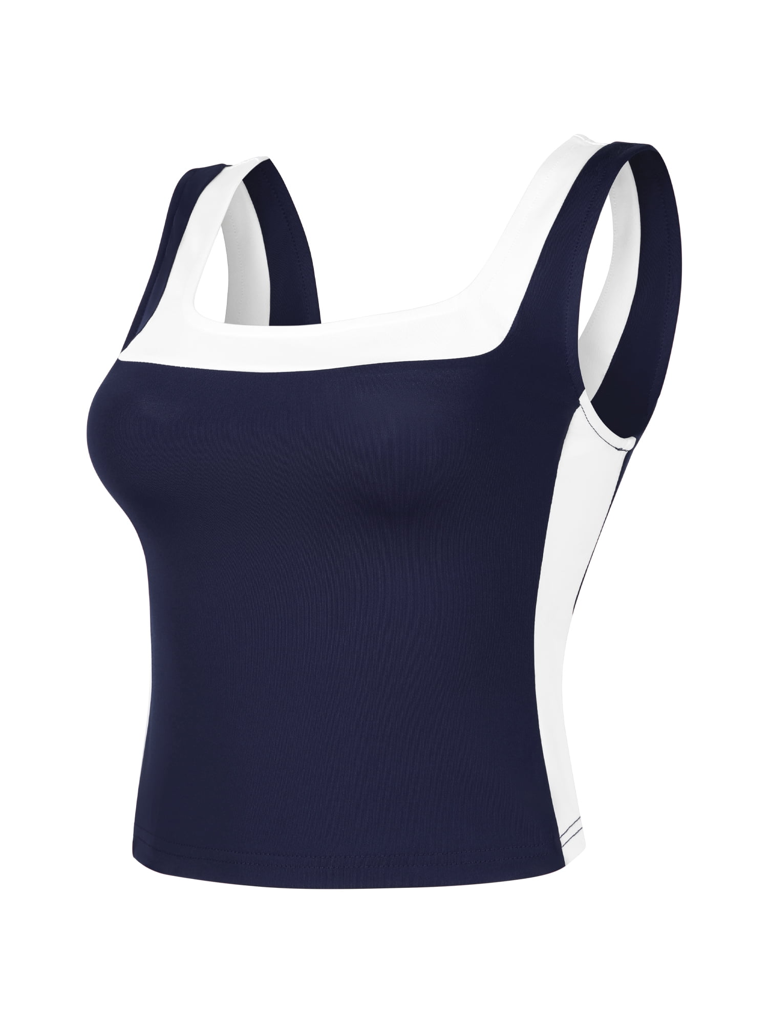 DARING DIVA Women's Crop Square Neck Slim Fitted Color Block Yoga Shirts S Navy