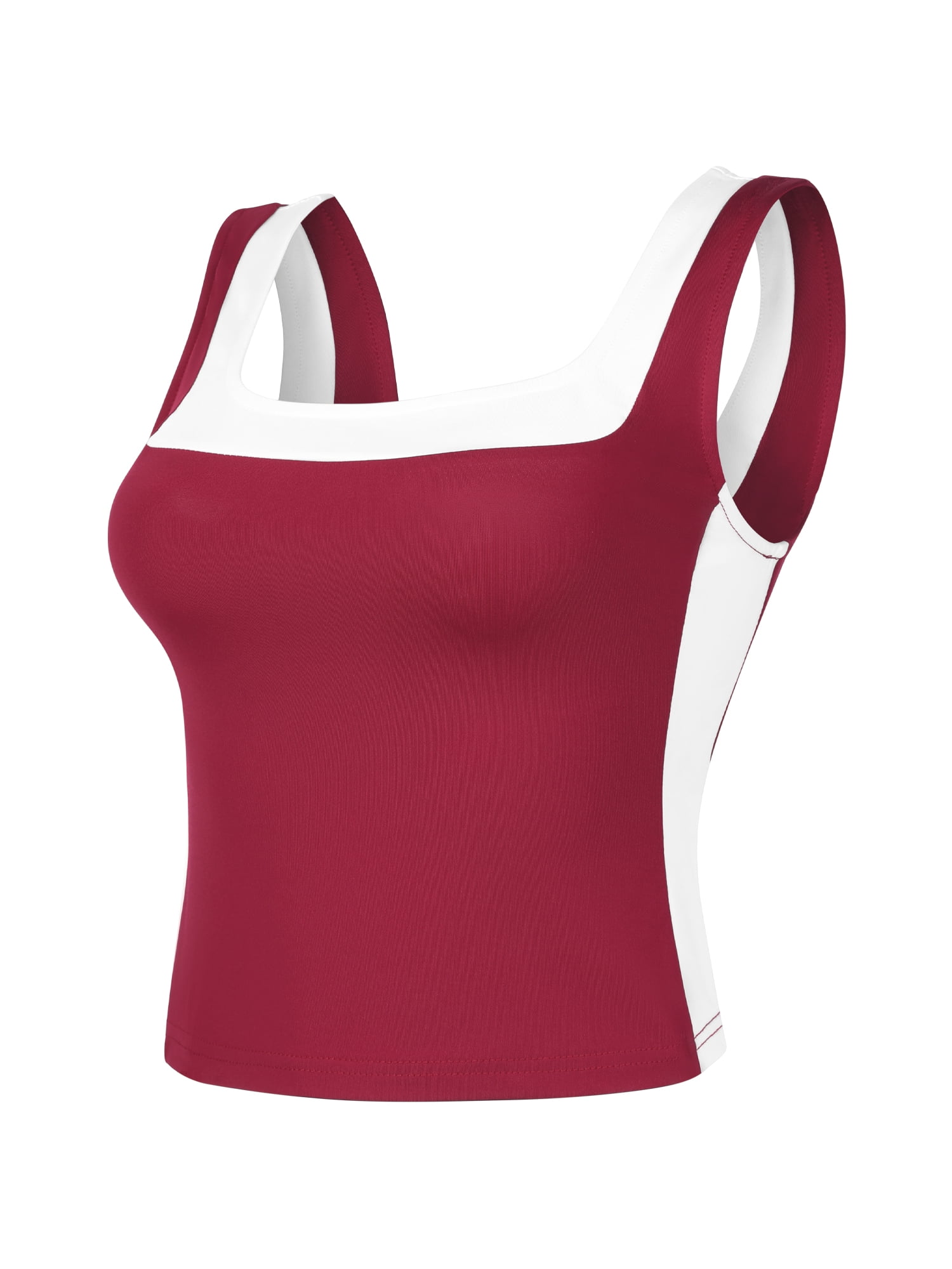 DARING DIVA Women's Crop Square Neck Slim Fitted Color Block Yoga Shirts S Wine Red
