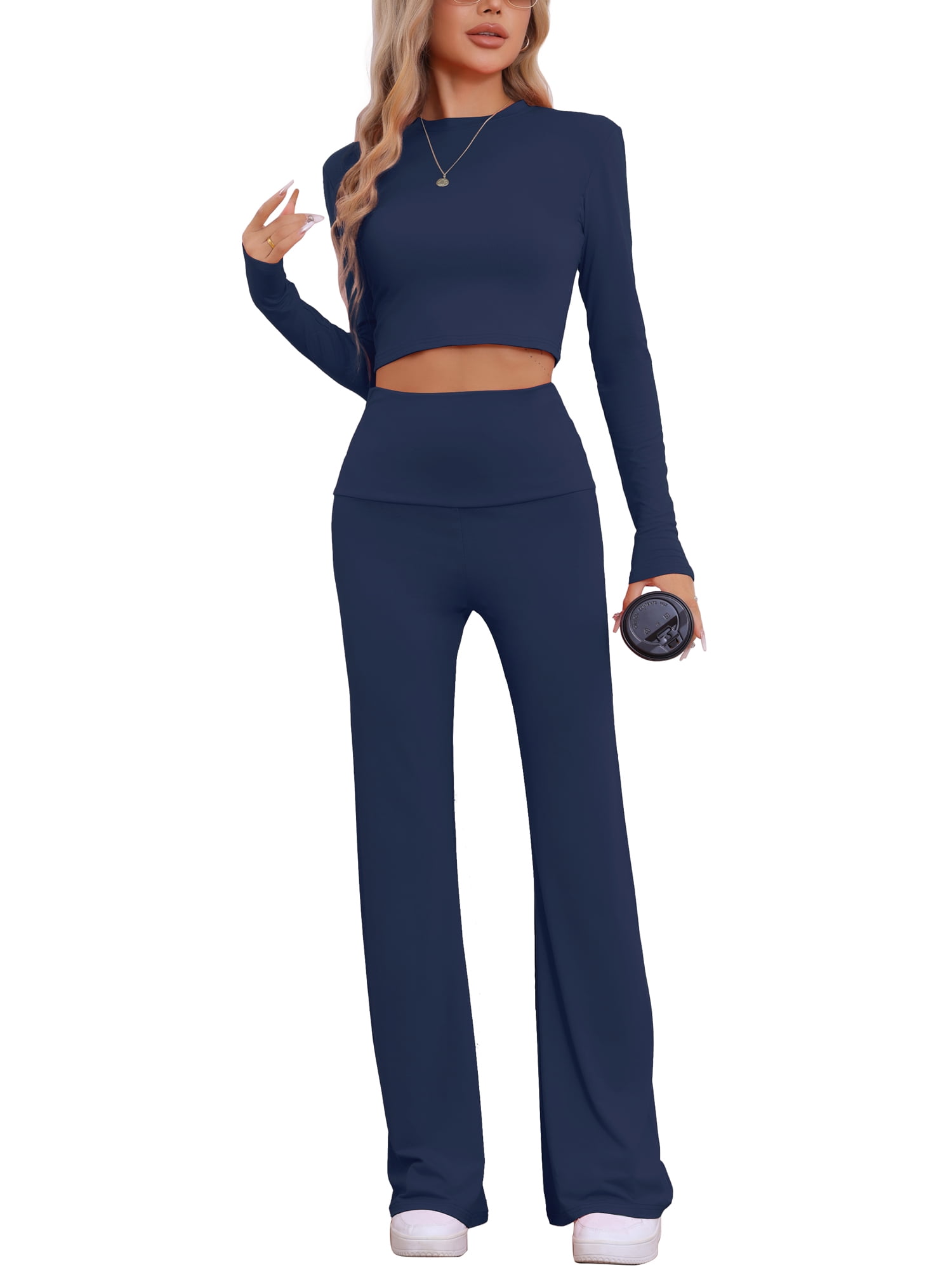 DARING DIVA Women's Crop Top and Flare Pants Lounge Sets L Deep Blue