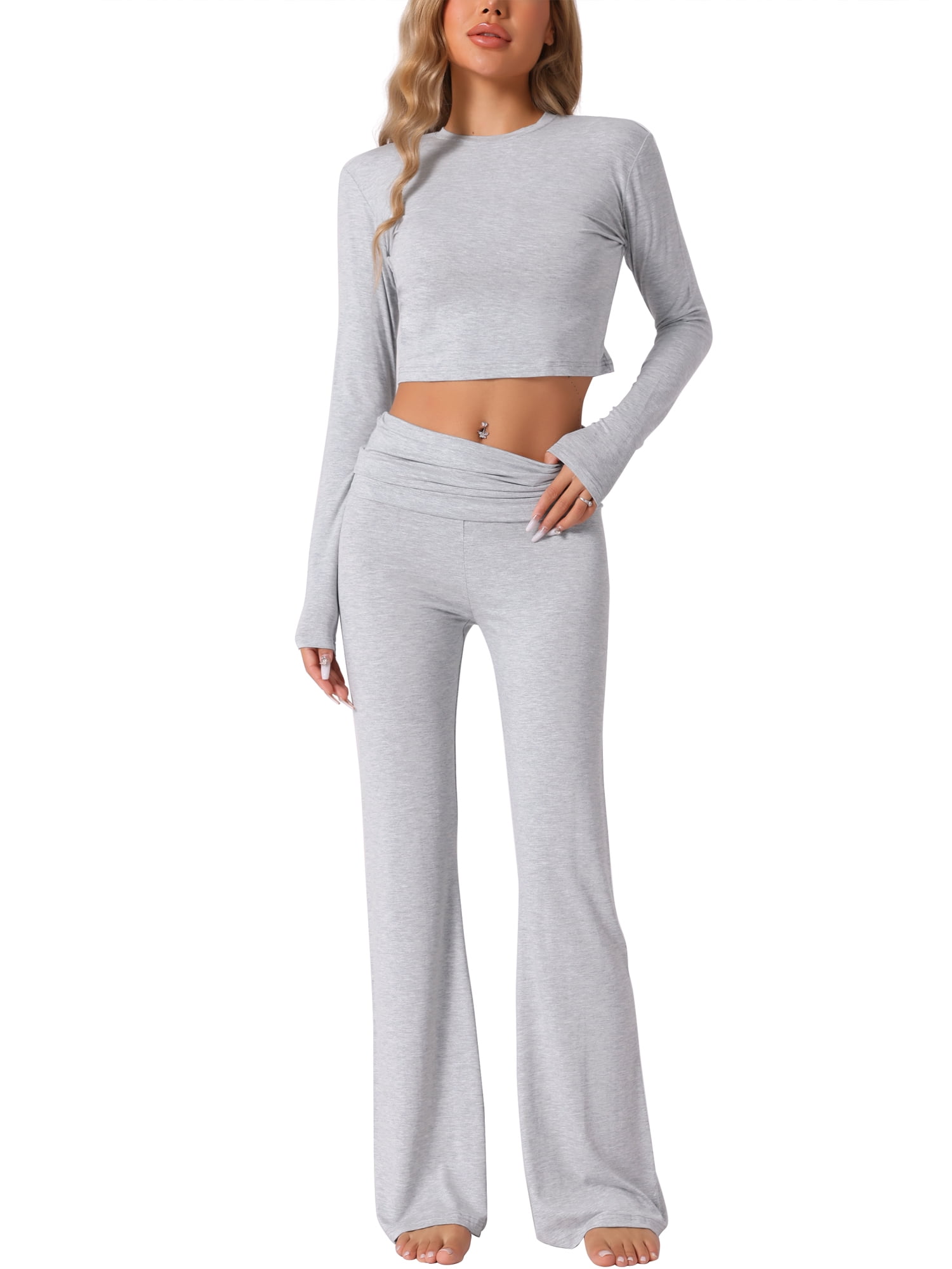DARING DIVA Women's Crop Top and Flare Pants Lounge Sets M Light Gray