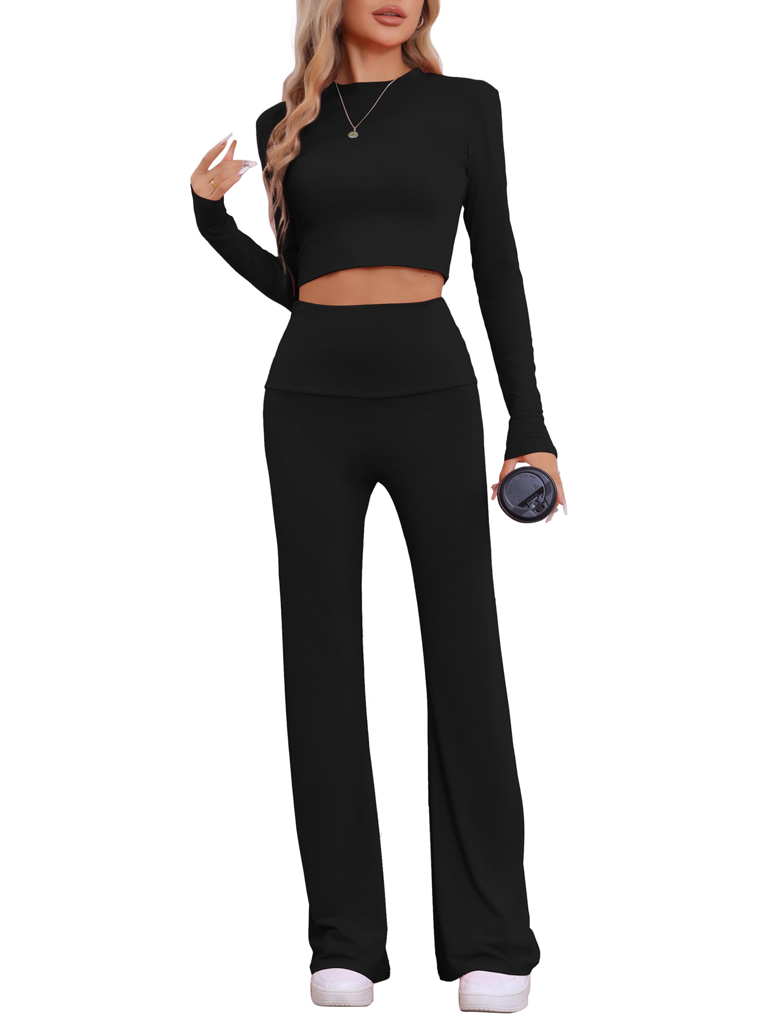 DARING DIVA Women's Crop Top and Flare Pants Lounge Sets XL Black