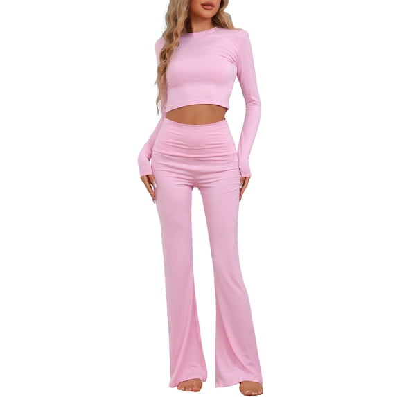 DARING DIVA Women's Crop Top and Flare Pants Lounge Sets XL Pink