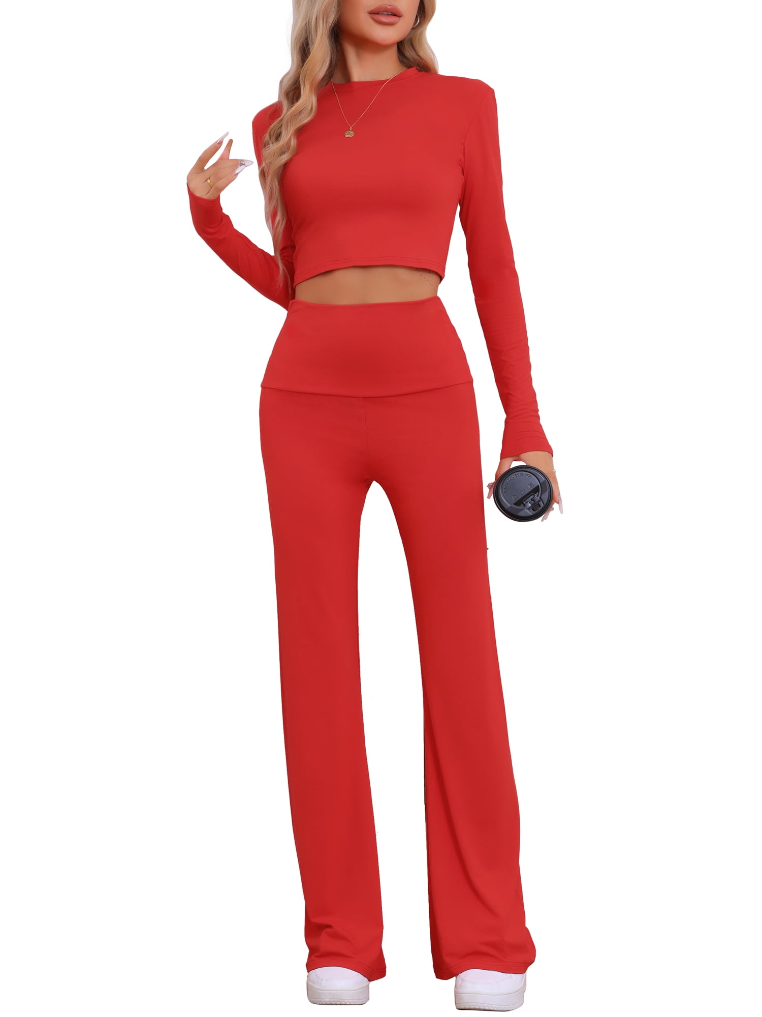 DARING DIVA Women's Crop Top and Flare Pants Lounge Sets XL Red