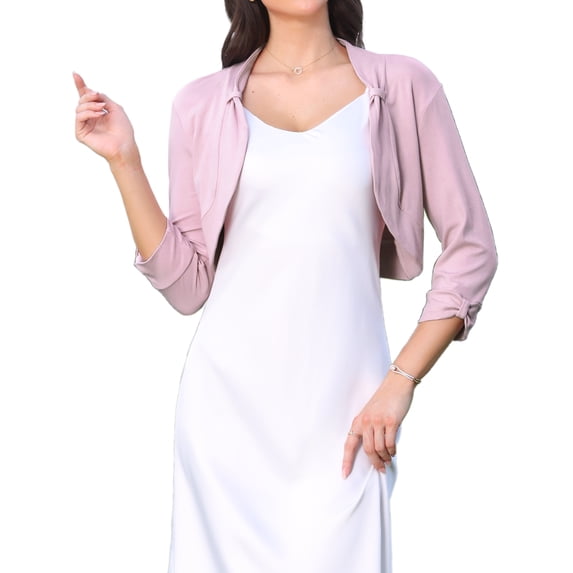 DARING DIVA Women's Cropped 3/4 Ruched Sleeve Open Front Knitted Bolero Shrug XS Pink
