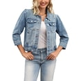 thumbnail image 1 of DARING DIVA Women's Cropped 3/4 Sleeve Button Down Washed Denim Jacket 2XL Light Blue, 1 of 7