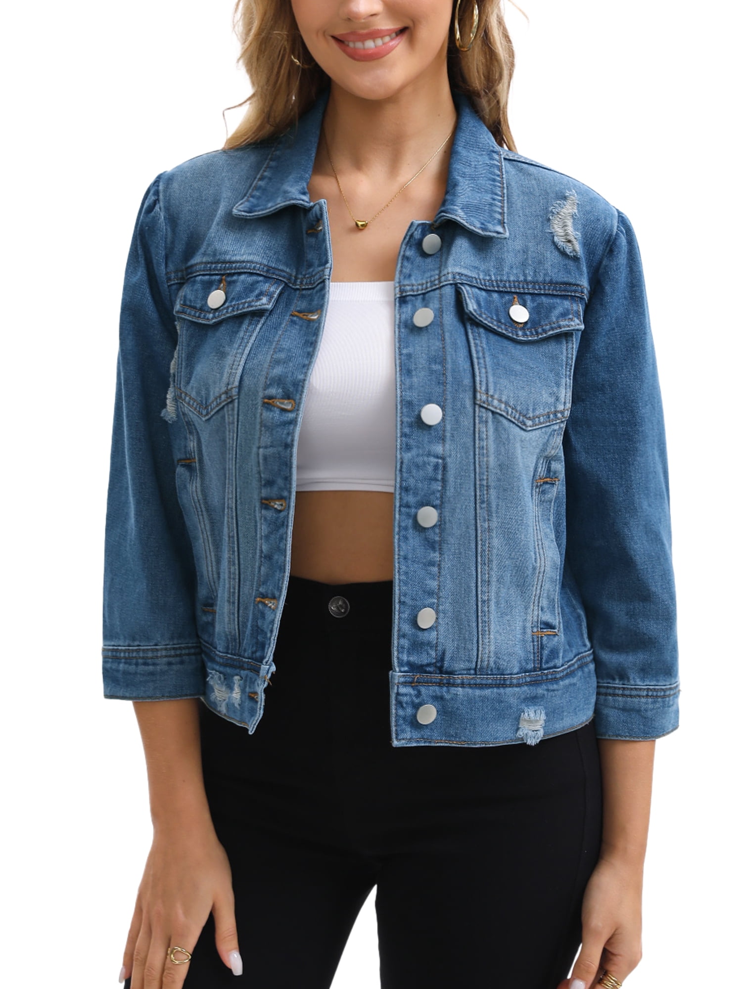 DARING DIVA Women's Cropped 3/4 Sleeve Button Down Washed Denim Jacket S Dark Blue