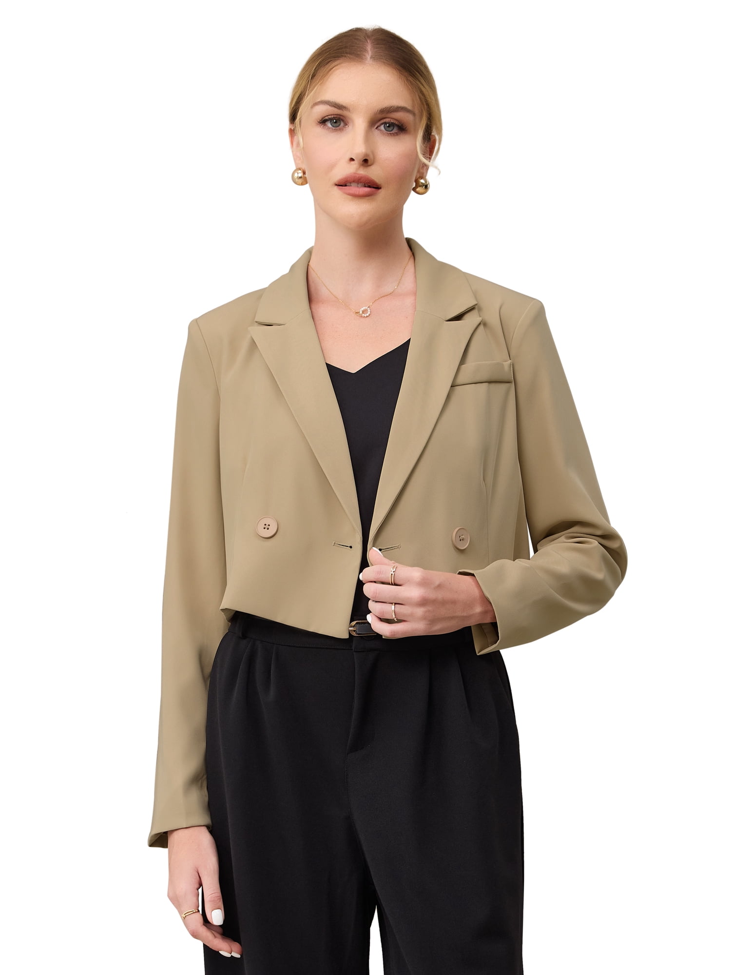DARING DIVA Women's Cropped Blazers Double Breasted Work Suit Jacket M Khaki