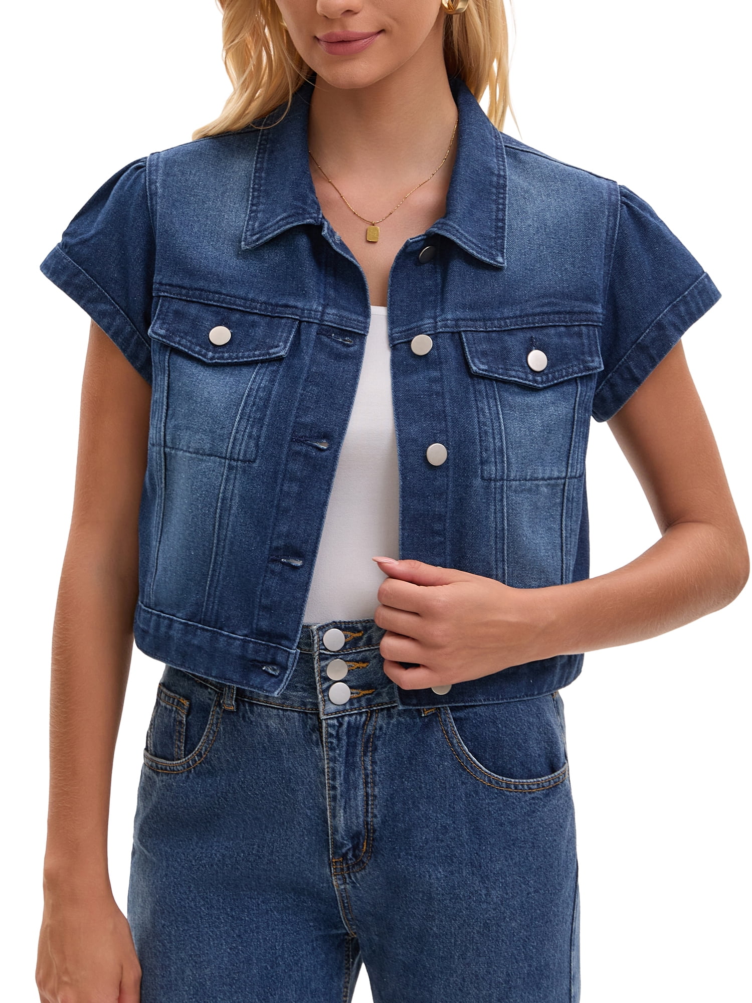 DARING DIVA Women's Cropped Cap Sleeve Button Down Collared Jean Jacket 2XL Dark Blue
