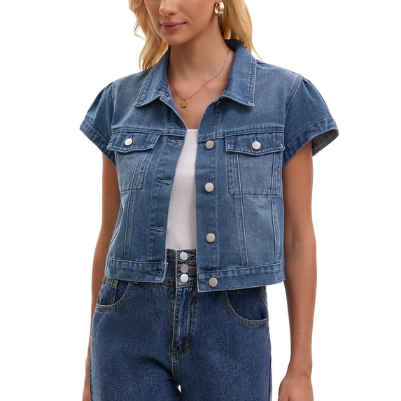 DARING DIVA Women's Cropped Cap Sleeve Button Down Collared Jean Jacket L Blue
