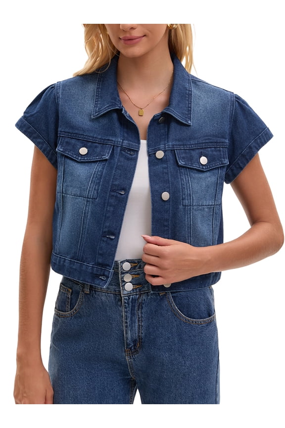 Women's Cropped Cap Sleeve Button Down Collared Jean Jacket M Dark Blue