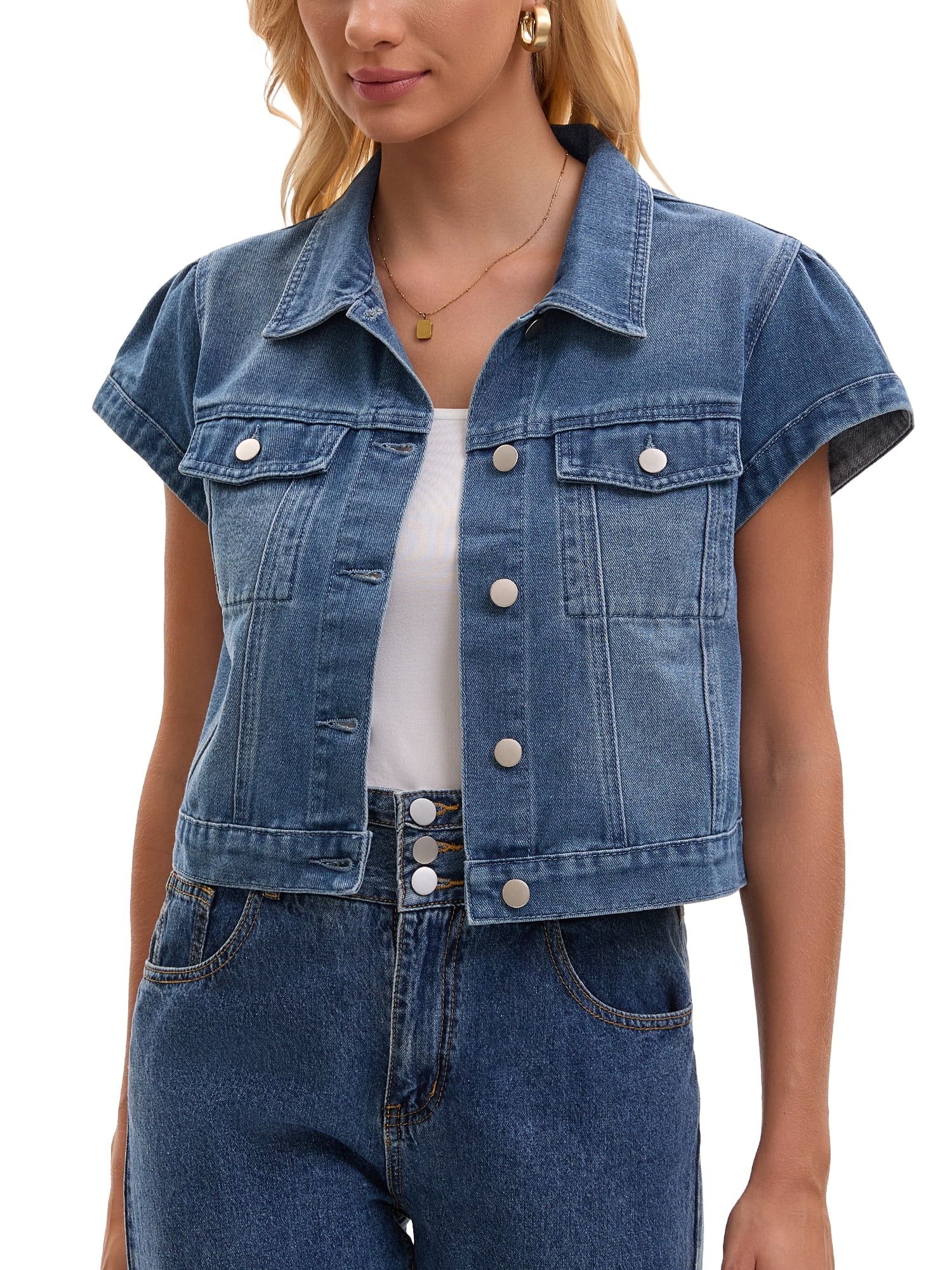DARING DIVA Women's Cropped Cap Sleeve Button Down Collared Jean Jacket XL Blue