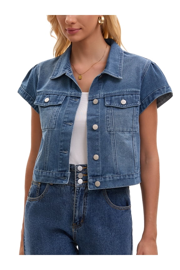 Women's Cropped Cap Sleeve Button Down Collared Jean Jacket XL Blue