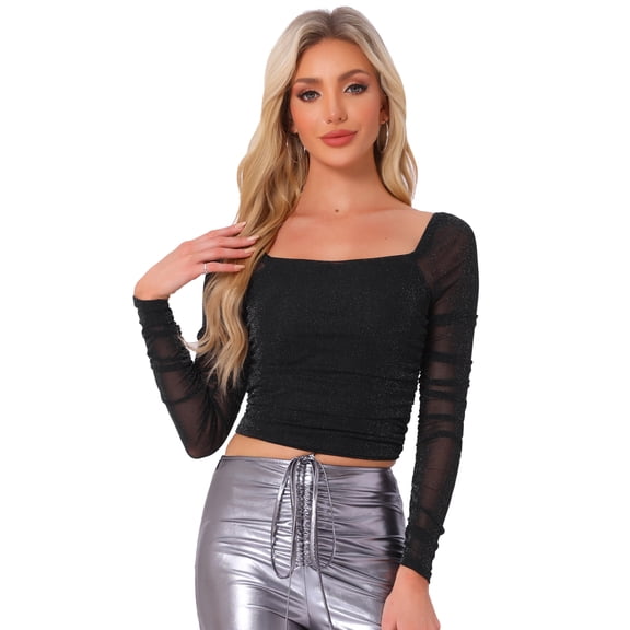 DARING DIVA Women's Cropped Glitter Mesh Ruched Blouse S Black