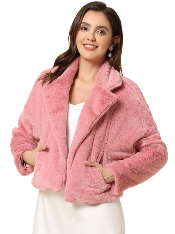 Women's Cropped Jacket Notch Lapel Faux Fur Fluffy Coat L Pink