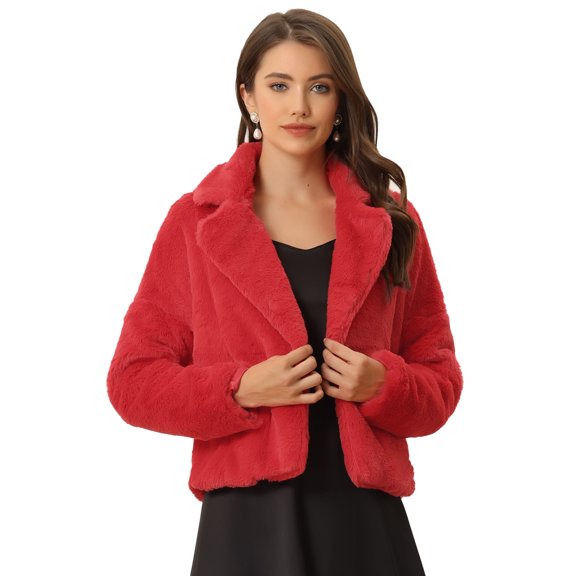 DARING DIVA Women's Cropped Jacket Notch Lapel Faux Fur Fluffy Coat L Red