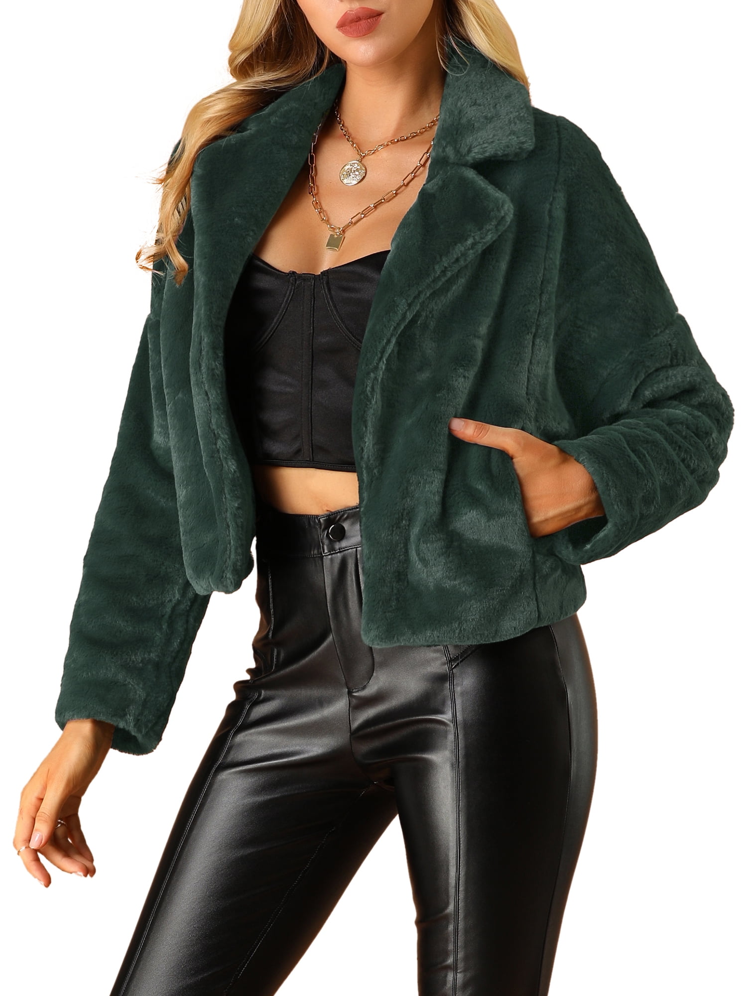 DARING DIVA Women's Cropped Jacket Notch Lapel Faux Fur Fluffy Coat M Dark Green