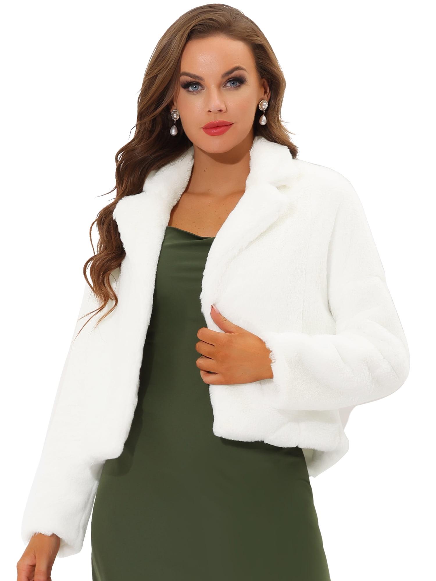 DARING DIVA Women's Cropped Jacket Notch Lapel Faux Fur Fluffy Coat M White