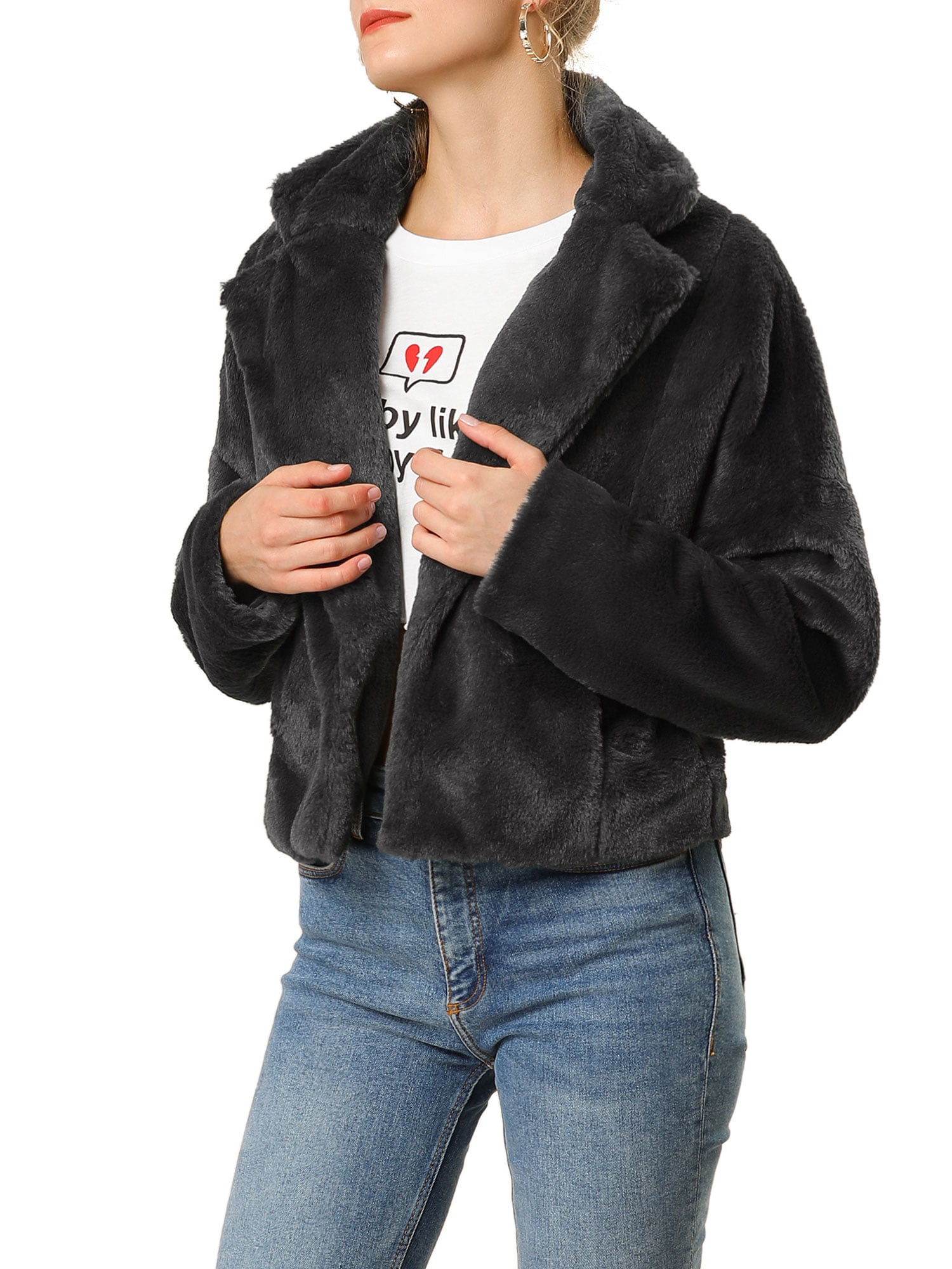 DARING DIVA Women's Cropped Jacket Notch Lapel Faux Fur Fluffy Coat S Black