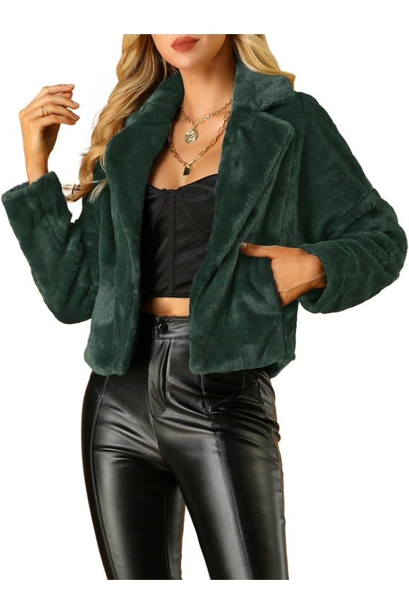 Women's Cropped Jacket Notch Lapel Faux Fur Fluffy Coat XS Dark Green