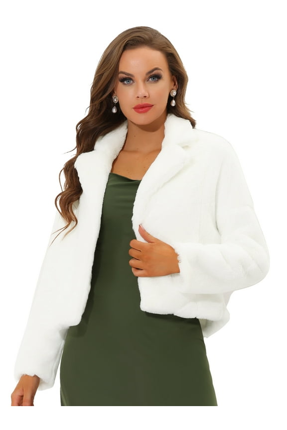 Women's Cropped Jacket Notch Lapel Faux Fur Fluffy Coat XS White