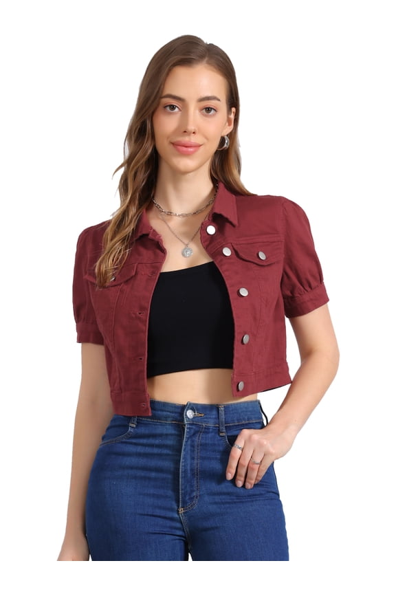 Women's Cropped Jackets Puff Button Down Washed Denim Jean Jacket L Wine Red